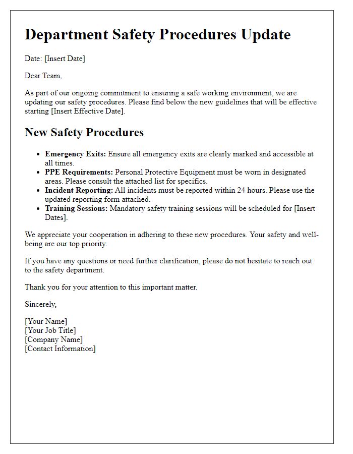 Letter template of new safety procedures update for departments