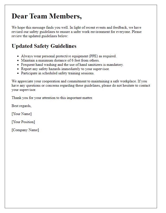 Letter template of revised safety guidelines for team members