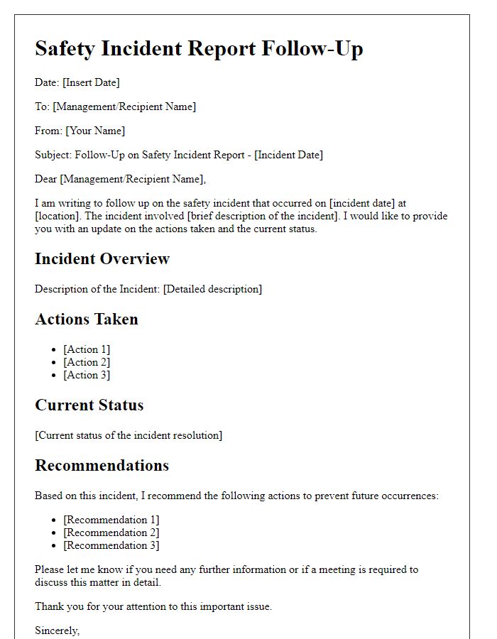 Letter template of safety incident report follow-up for management