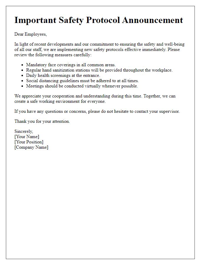 Letter template of safety protocol announcement for employees