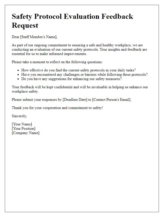 Letter template of safety protocol evaluation feedback request for staff