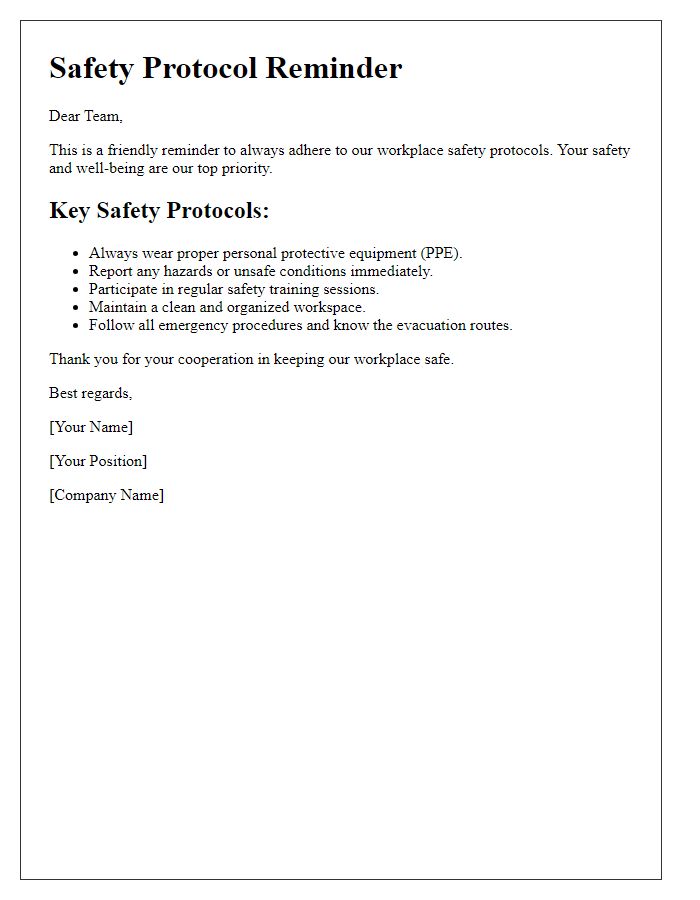 Letter template of safety protocol reminder for workplace