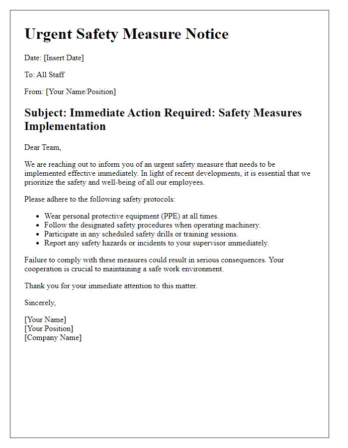 Letter template of urgent safety measure communication for staff