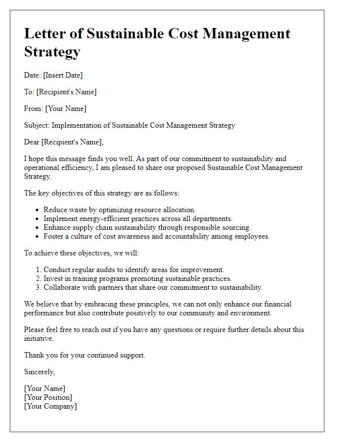 Letter template of sustainable cost management strategy