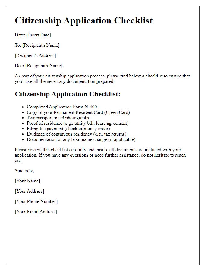 Letter template of citizenship application checklist preparation