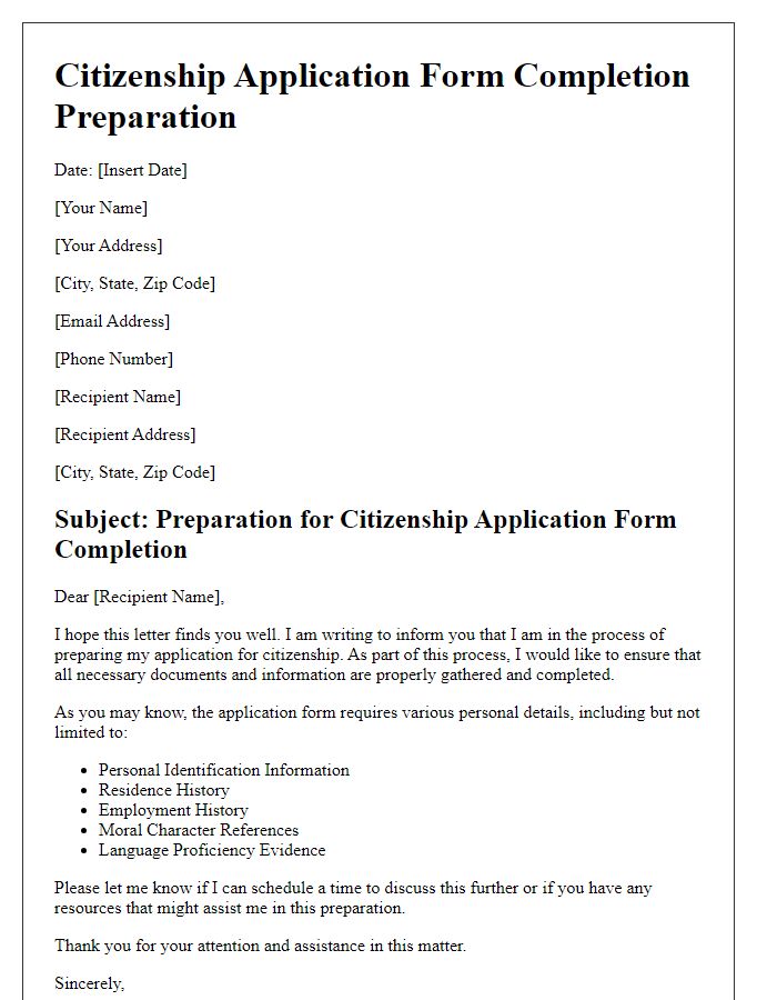 Letter template of citizenship application form completion preparation