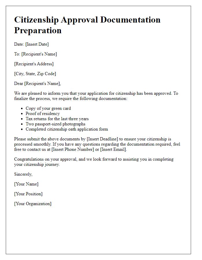 Letter template of citizenship approval documentation preparation