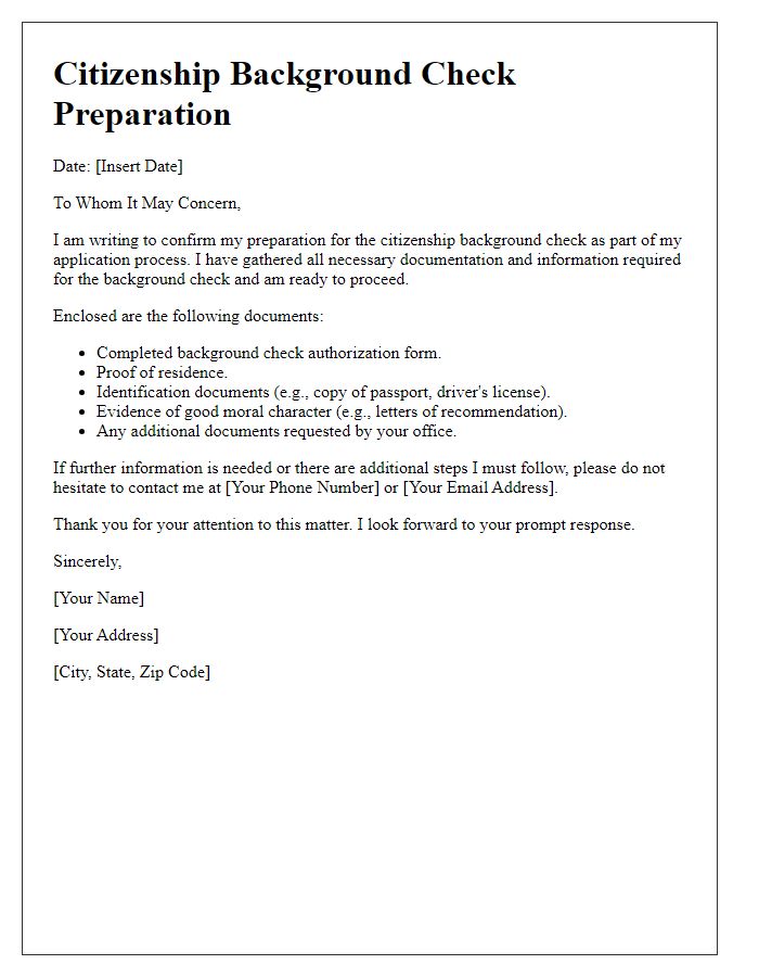 Letter template of citizenship background check preparation