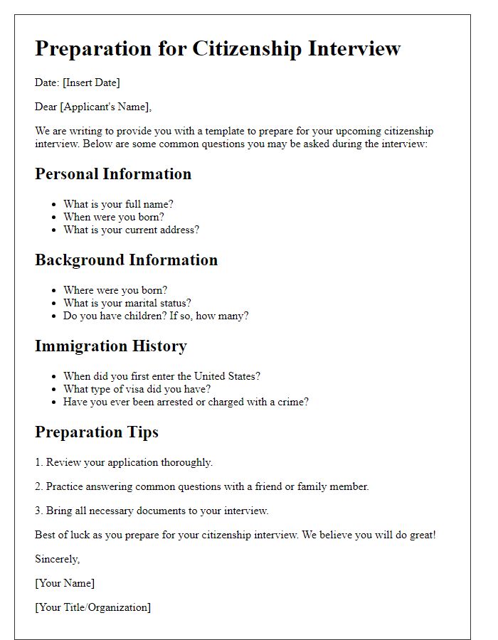 Letter template of citizenship interview question preparation