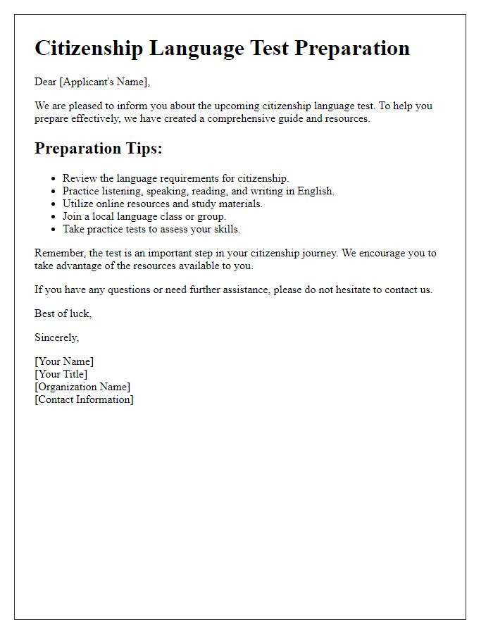 Letter template of citizenship language test preparation