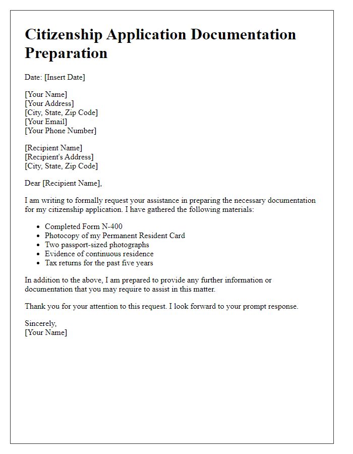 Letter template of citizenship legal documentation preparation