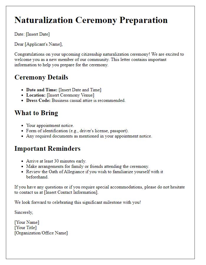 Letter template of citizenship naturalization ceremony preparation