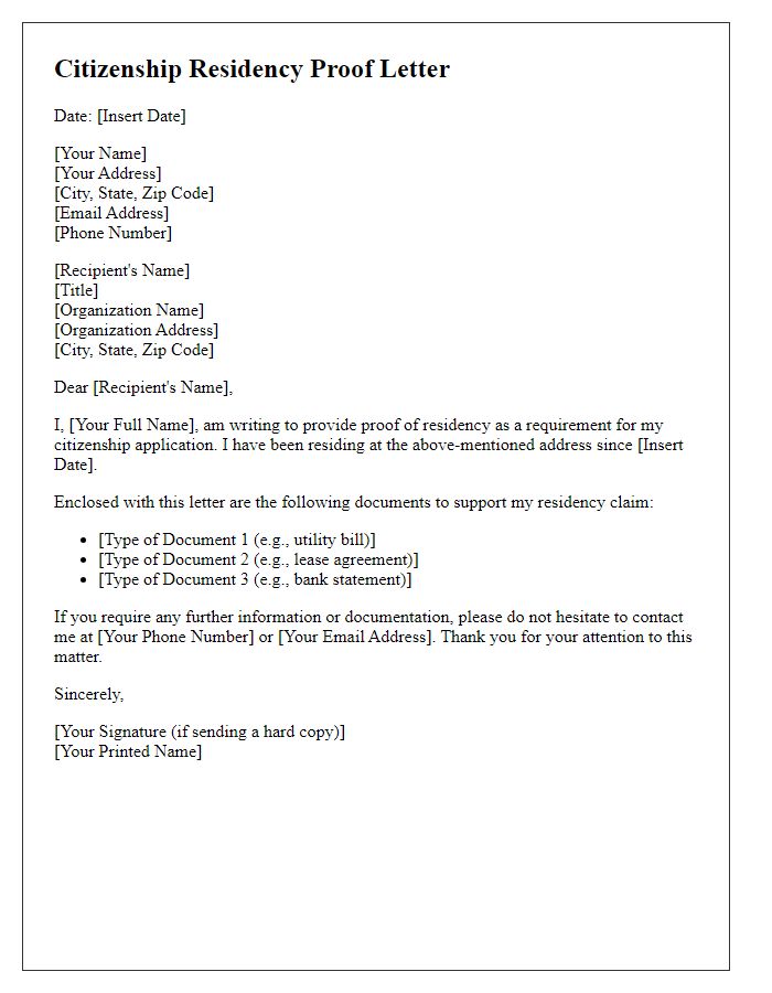 Letter template of citizenship residency proof preparation