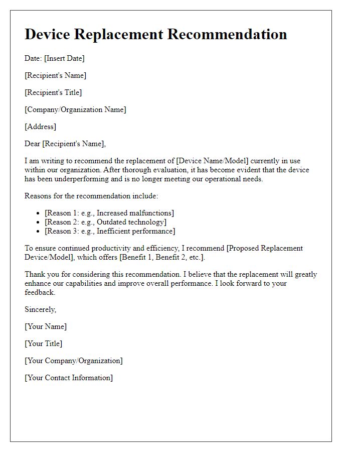 Letter template of device replacement recommendation