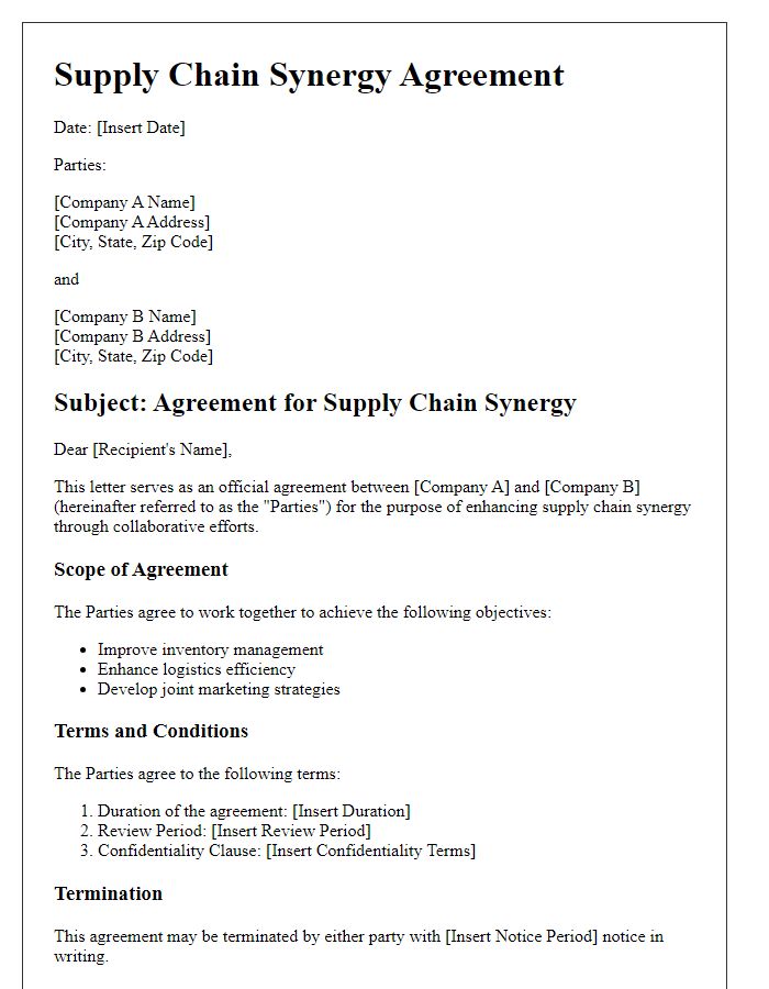 Letter template of agreement for supply chain synergy