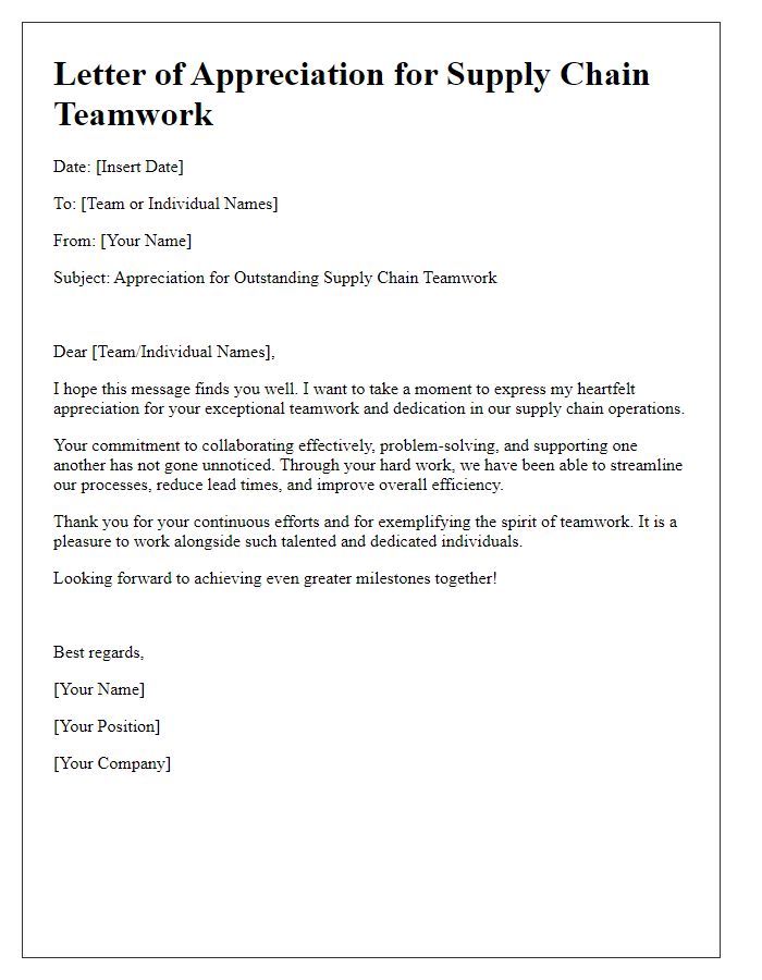 Letter template of appreciation for supply chain teamwork