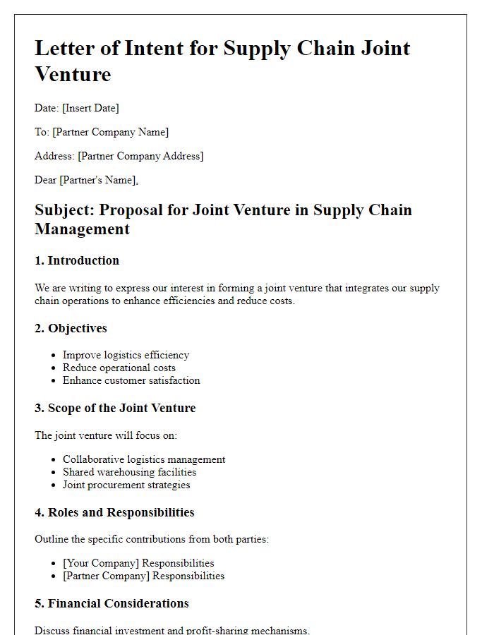 Letter template of outline for a supply chain joint venture