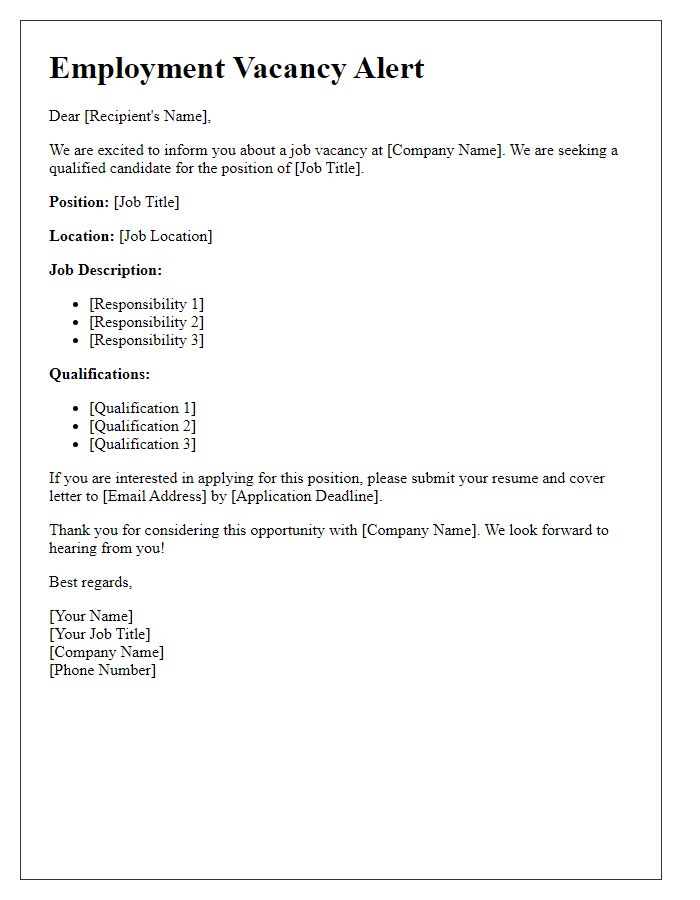 Letter template of employment vacancy alert
