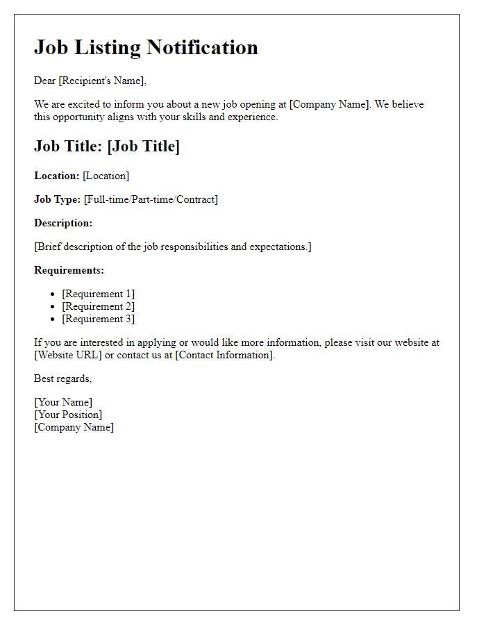 Letter template of job listing notification