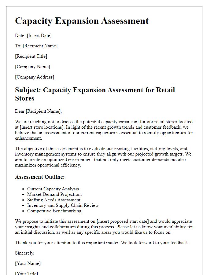 Letter template of capacity expansion assessment for retail stores