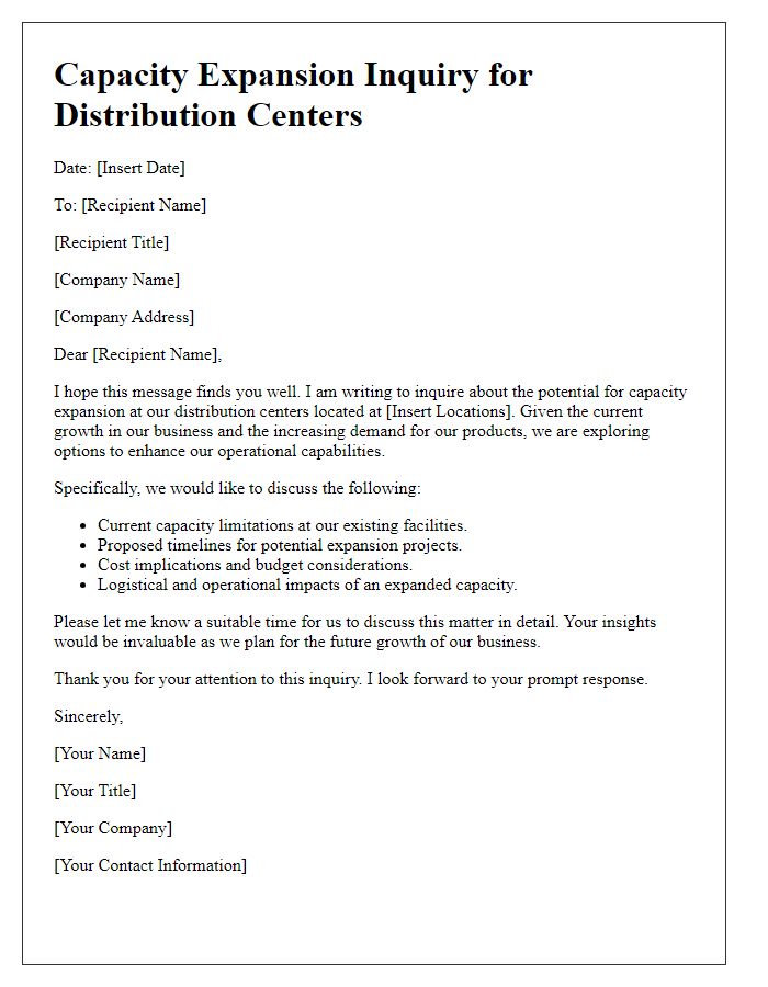 Letter template of capacity expansion inquiry for distribution centers