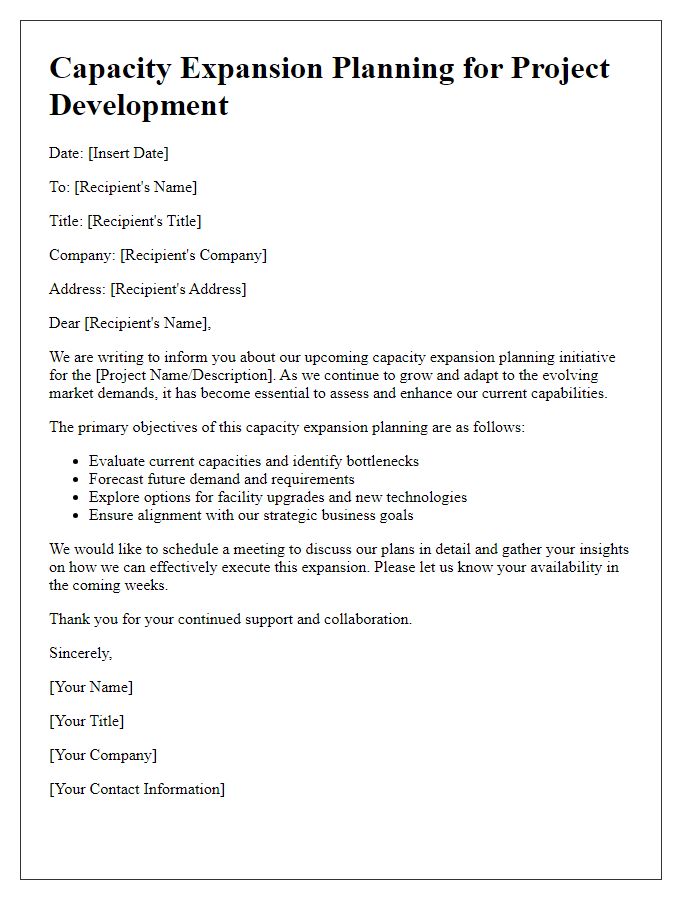 Letter template of capacity expansion planning for project development