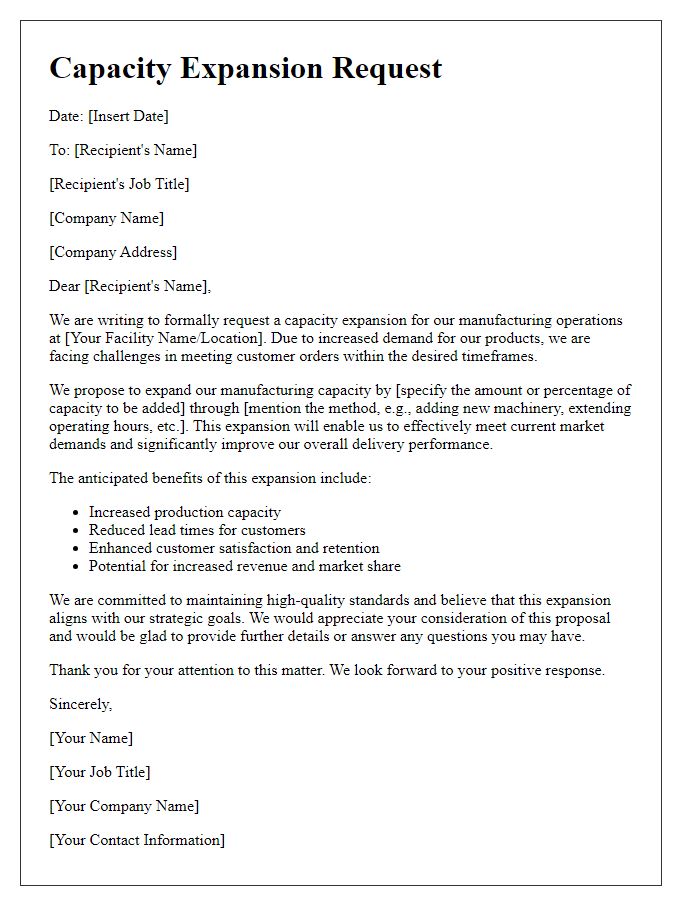 Letter template of capacity expansion request for manufacturing