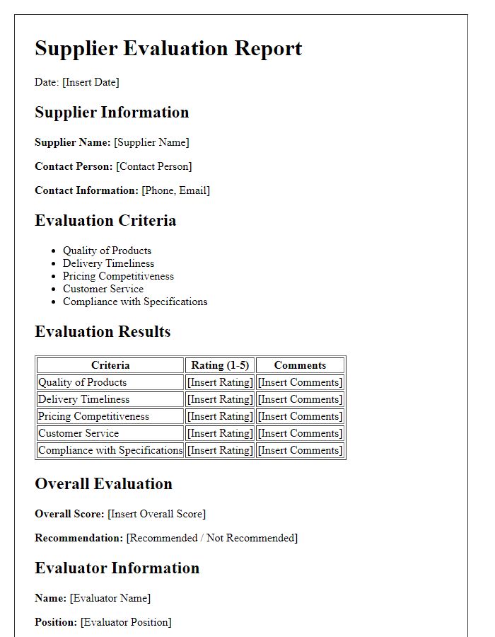 Letter template of supplier evaluation report