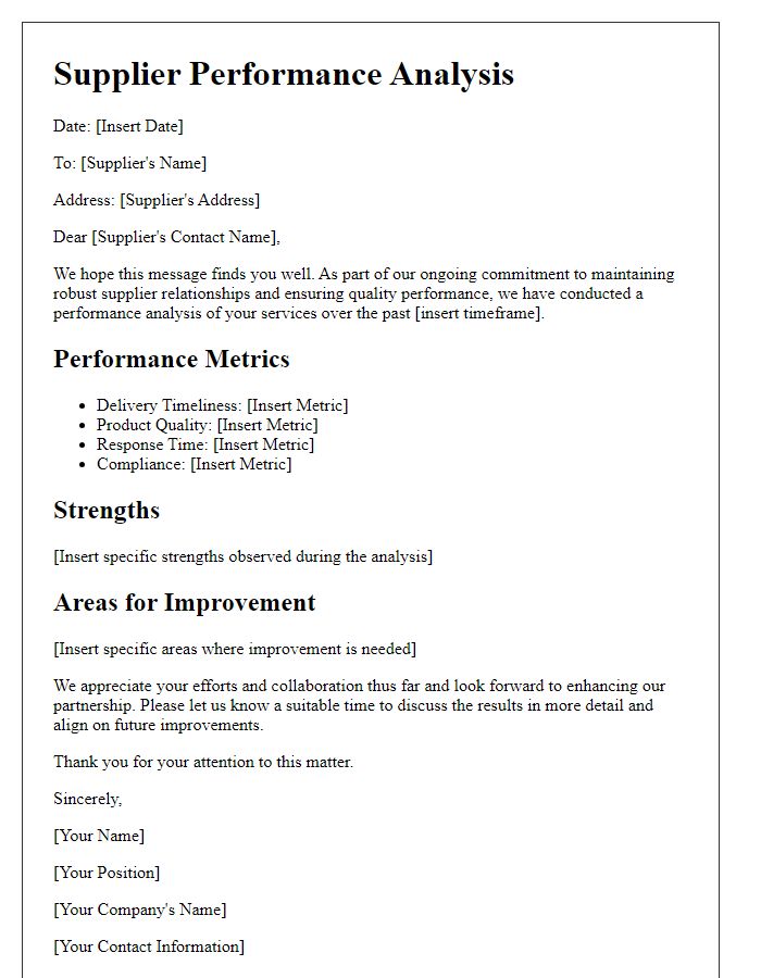 Letter template of supplier performance analysis