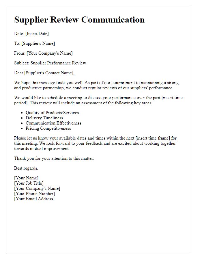 Letter template of supplier review communication