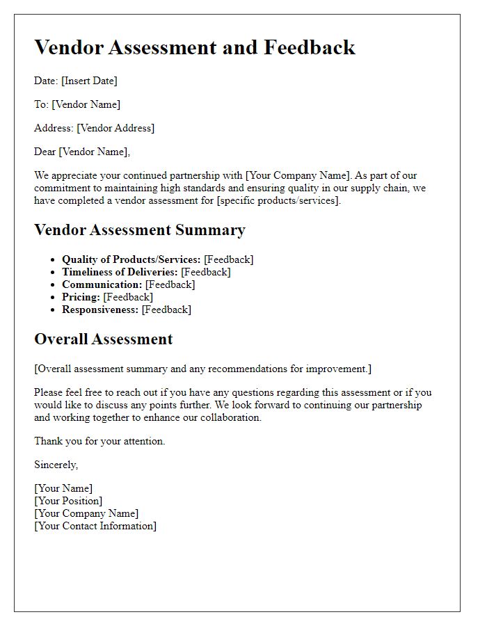 Letter template of vendor assessment and feedback