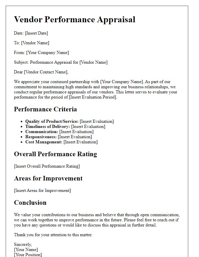 Letter template of vendor performance appraisal