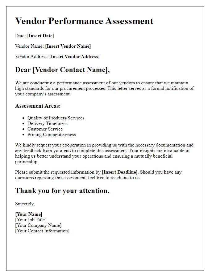 Letter template of vendor performance assessment