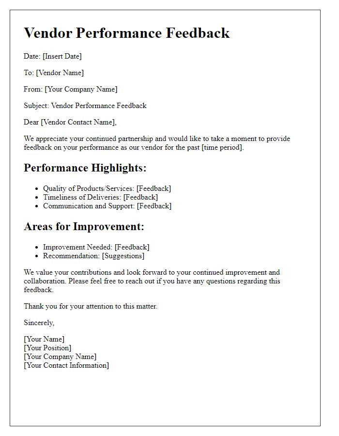 Letter template of vendor performance feedback