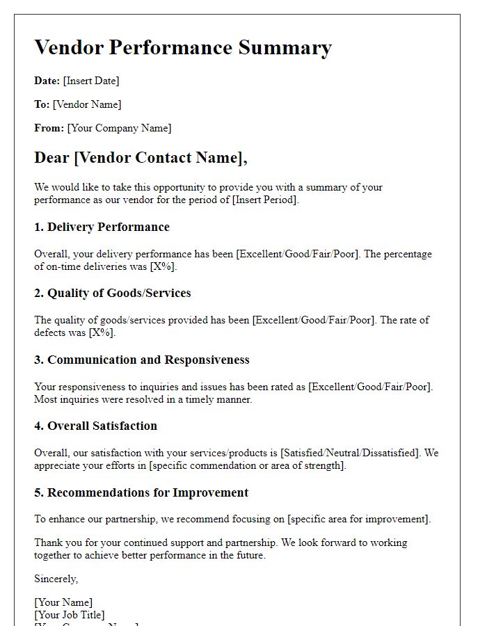 Letter template of vendor performance summary