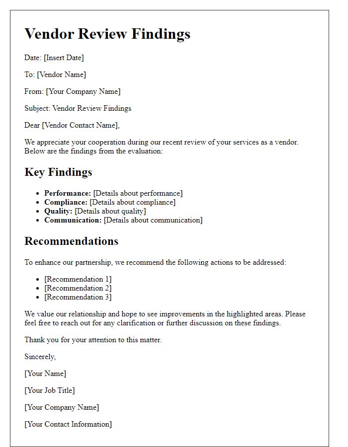 Letter template of vendor review findings