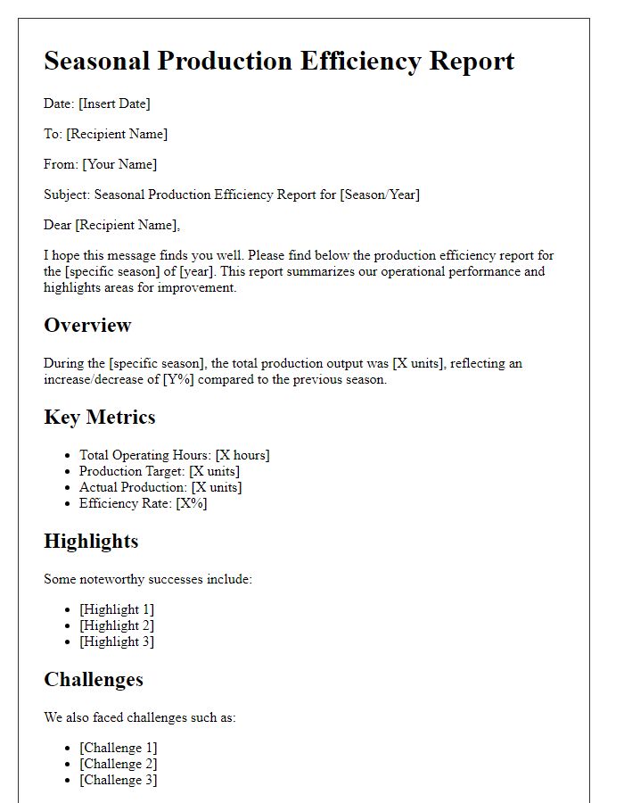 Letter template of seasonal production efficiency report