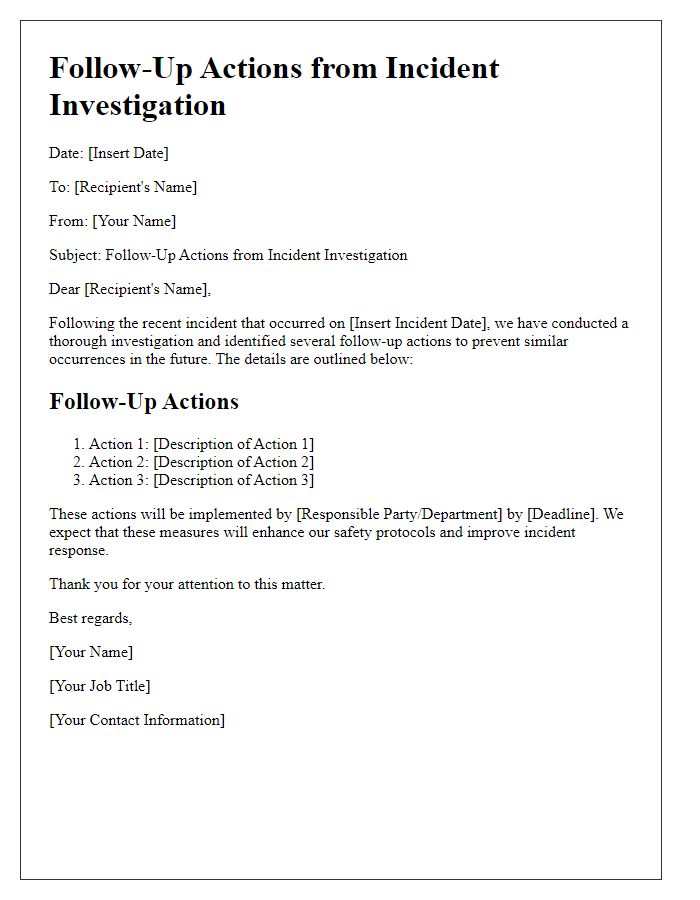 Letter template of incident investigation follow-up actions