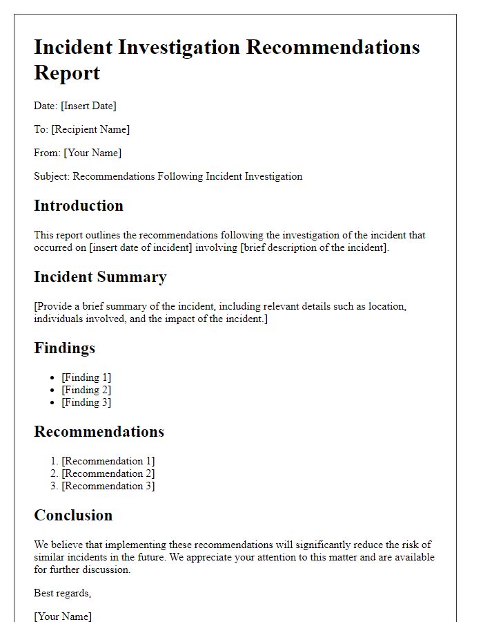 Letter template of incident investigation recommendations report