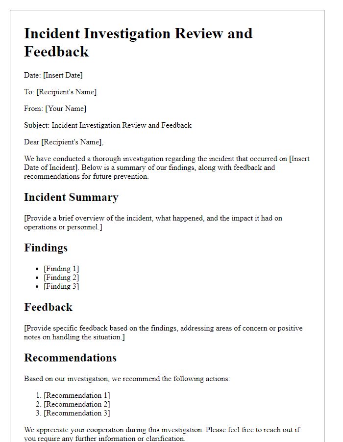 Letter template of incident investigation review and feedback