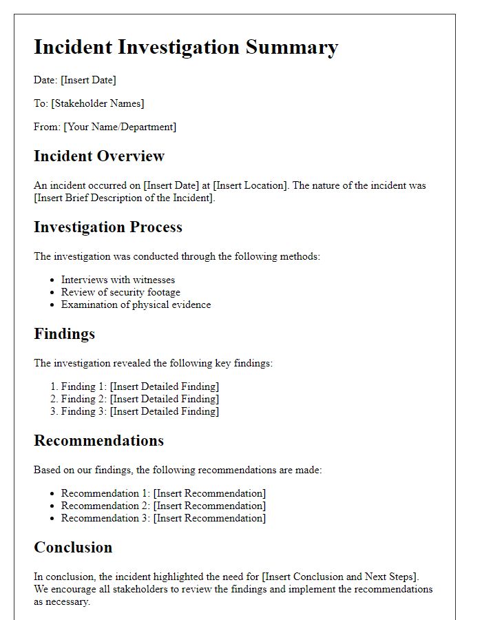 Letter template of incident investigation summary for stakeholders