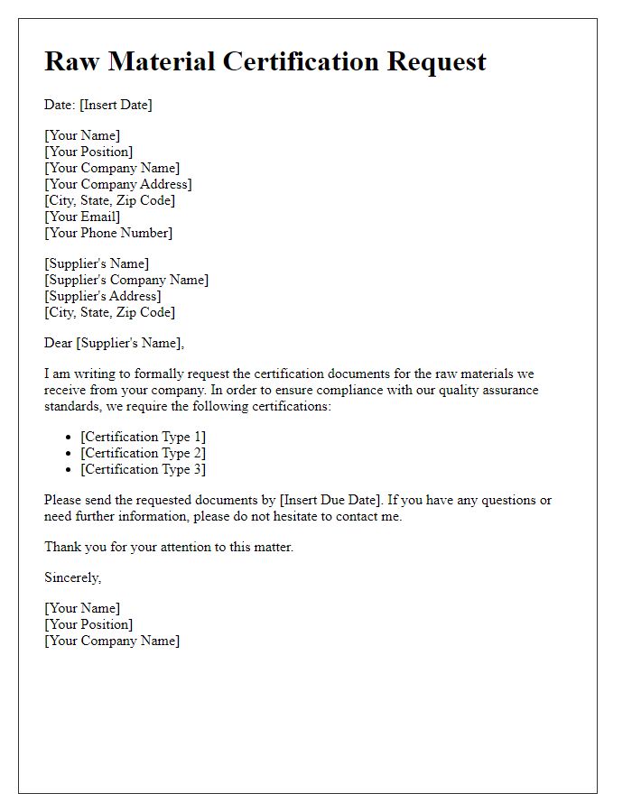 Letter template of raw material certification request