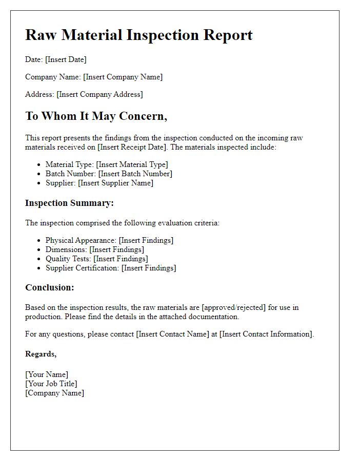 Letter template of raw material inspection report