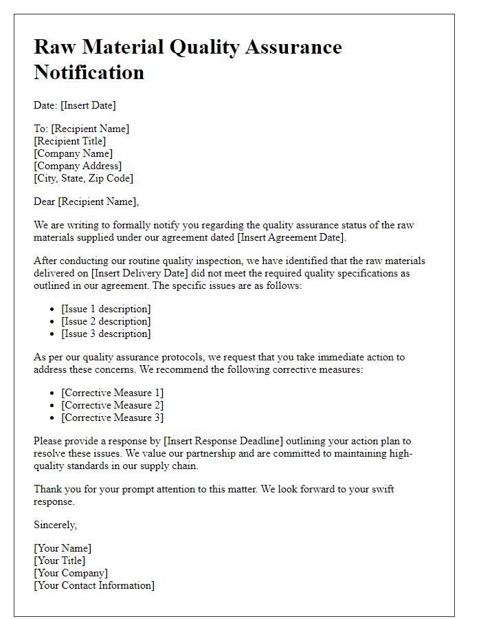 Letter template of raw material quality assurance notification