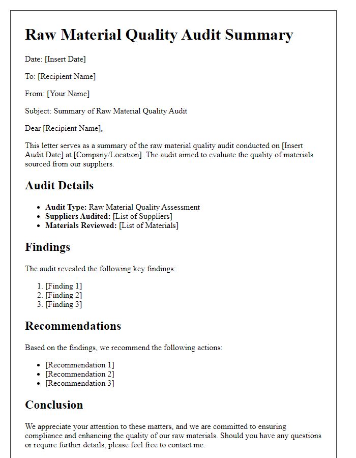 Letter template of raw material quality audit summary