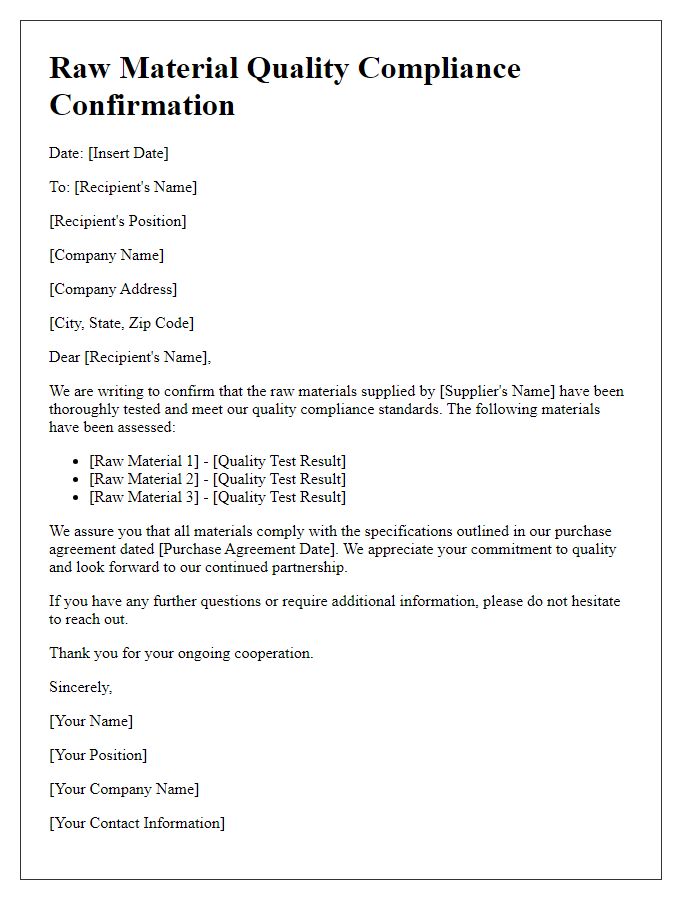 Letter template of raw material quality compliance confirmation