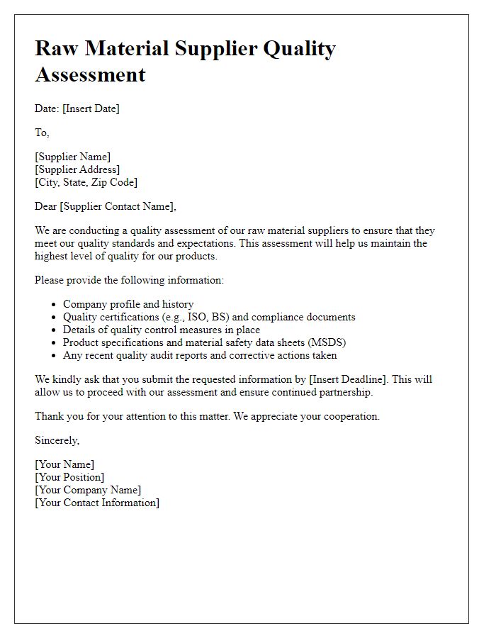 Letter template of raw material supplier quality assessment