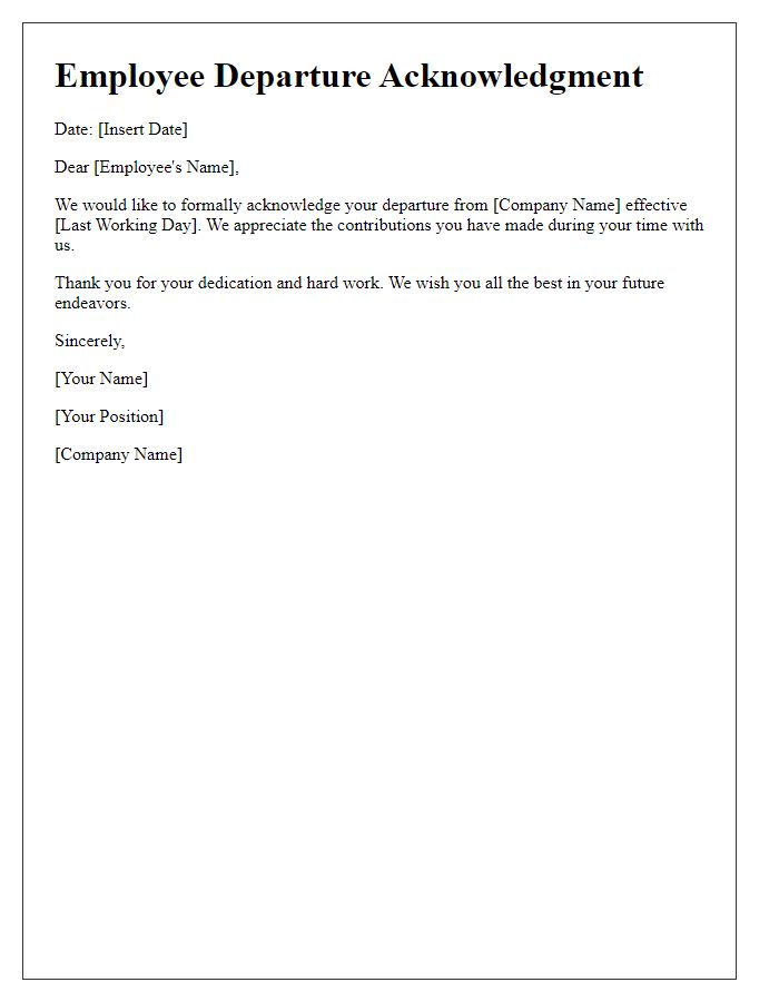 Letter template of Acknowledgment for Employee Departure