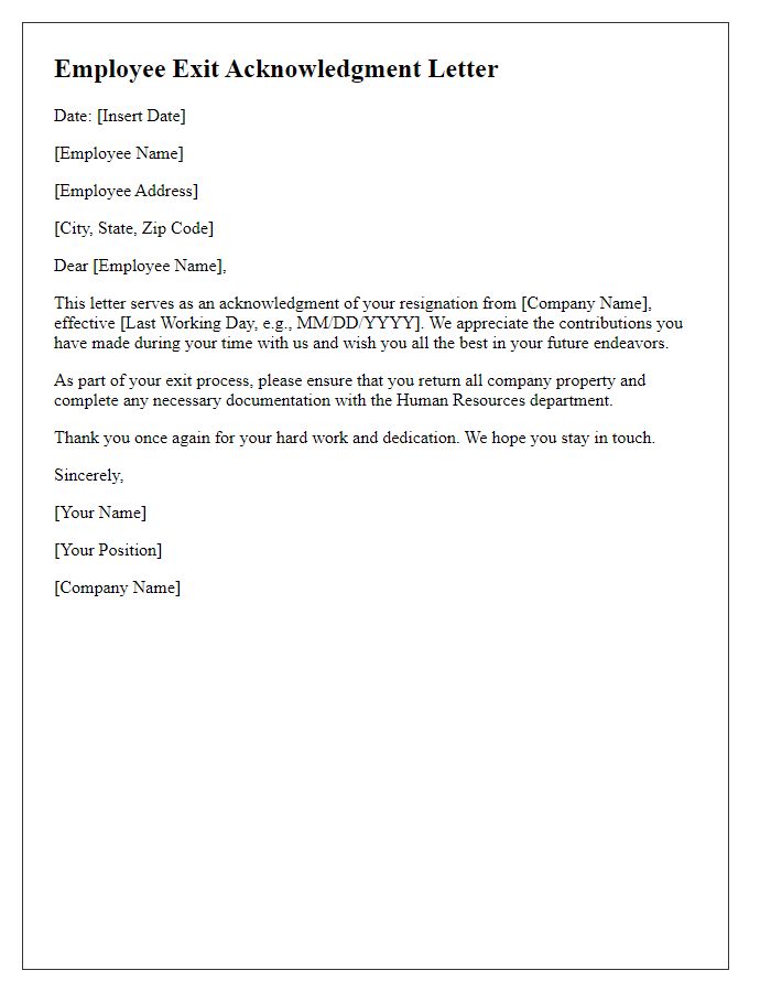 Letter template of Employee Exit Acknowledgment