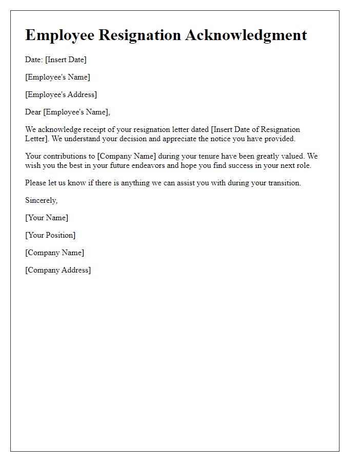 Letter template of Employee Resignation Acknowledgment